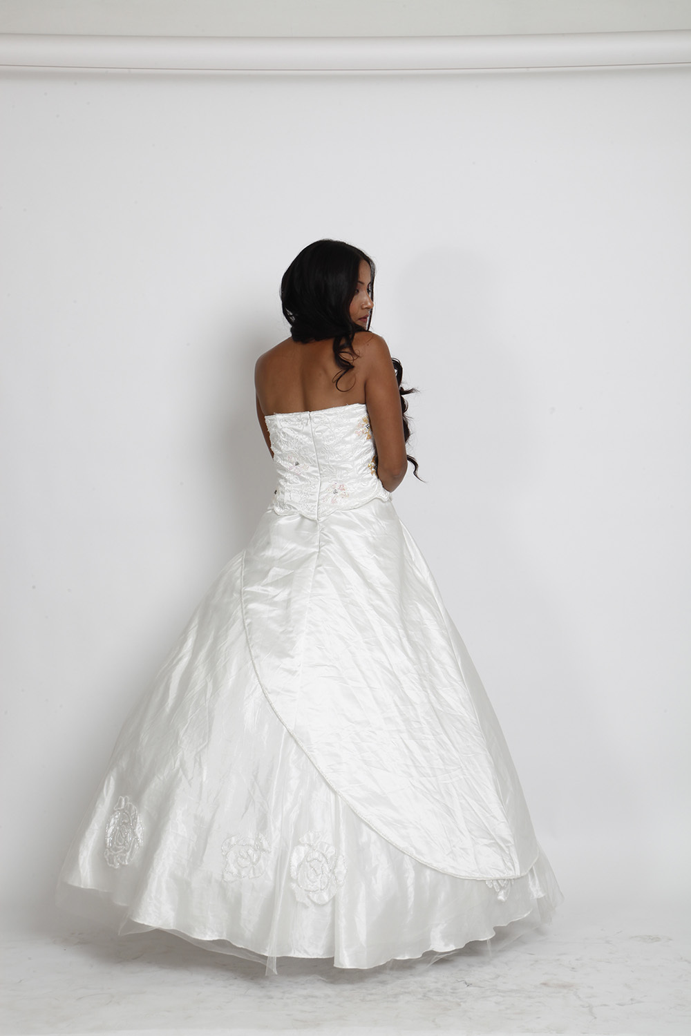 White Strapless Embroidered Ball Gown with Floral Motifs