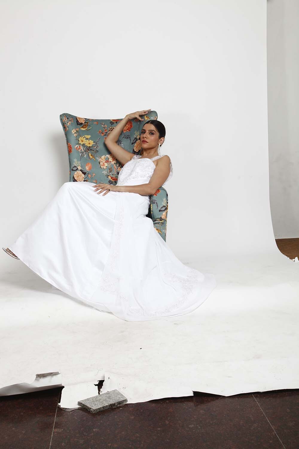 White Sleeveless Bridal Gown with Lace Straps and Embroidered Detailing