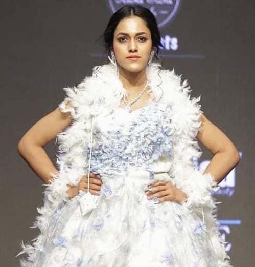 White & Blue 3D Floral Ball Gown with Feather Detailing
