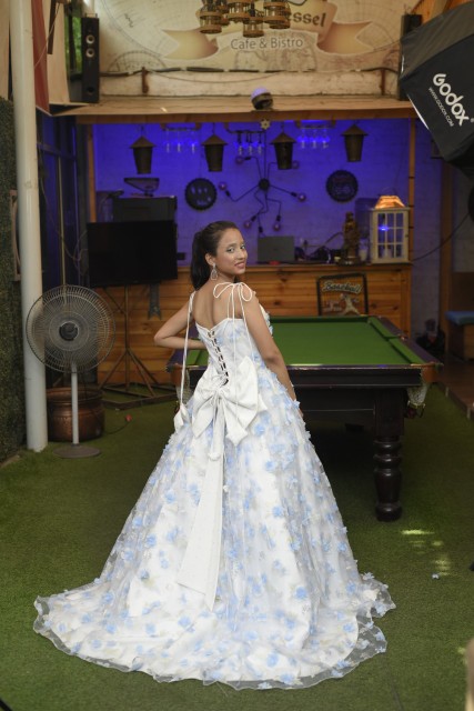 White & Blue 3D Floral Ball Gown with Feather Detailing
