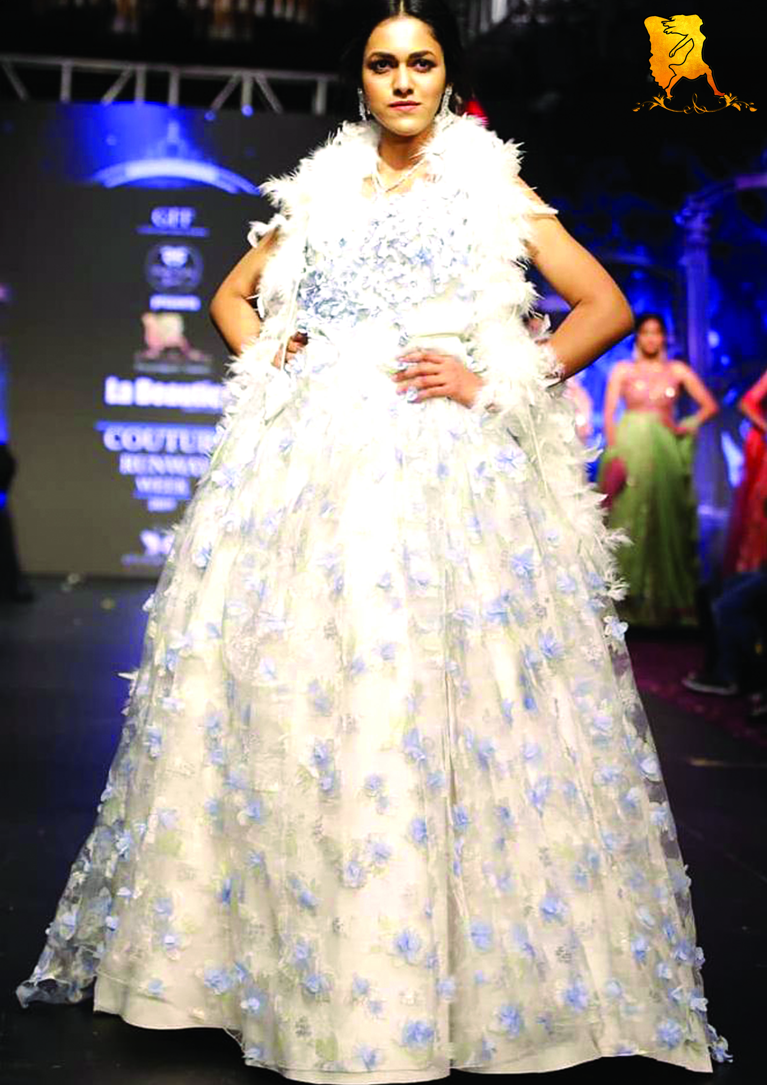 White & Blue 3D Floral Ball Gown with Feather Detailing
