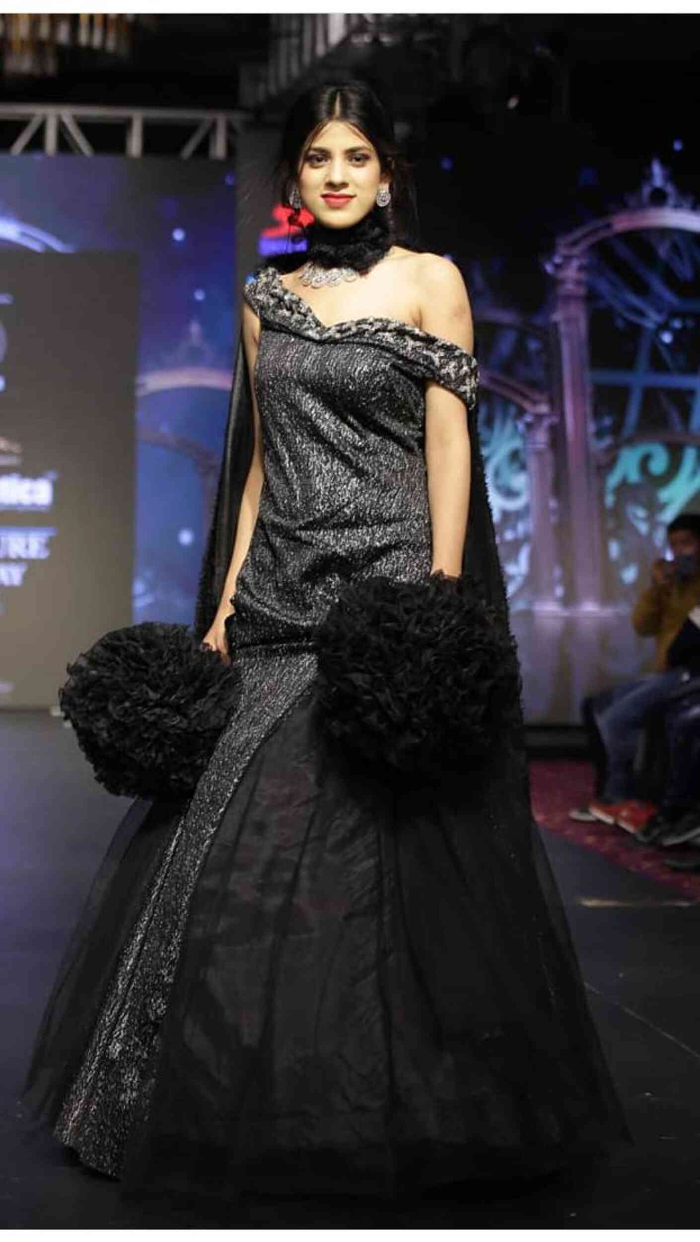 Black & Silver Off-Shoulder Couture Gown with Dramatic Floral Accents