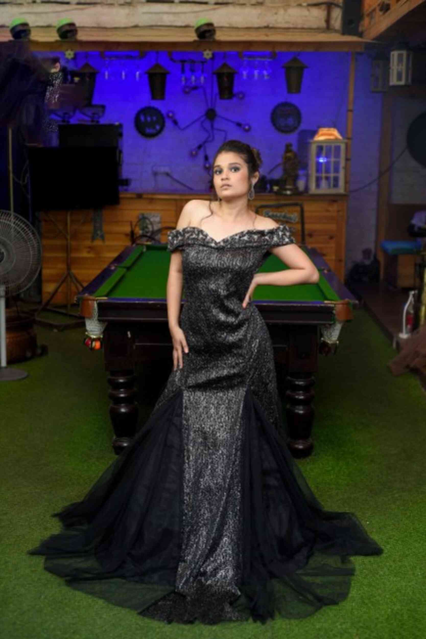 Black & Silver Off-Shoulder Couture Gown with Dramatic Floral Accents