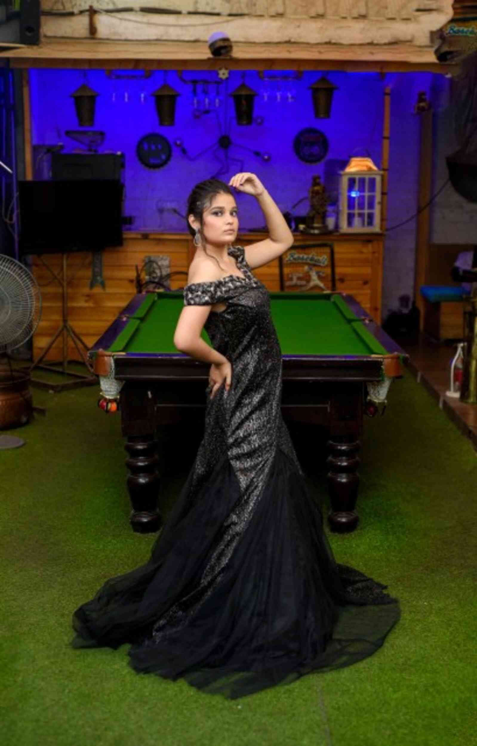 Black & Silver Off-Shoulder Couture Gown with Dramatic Floral Accents
