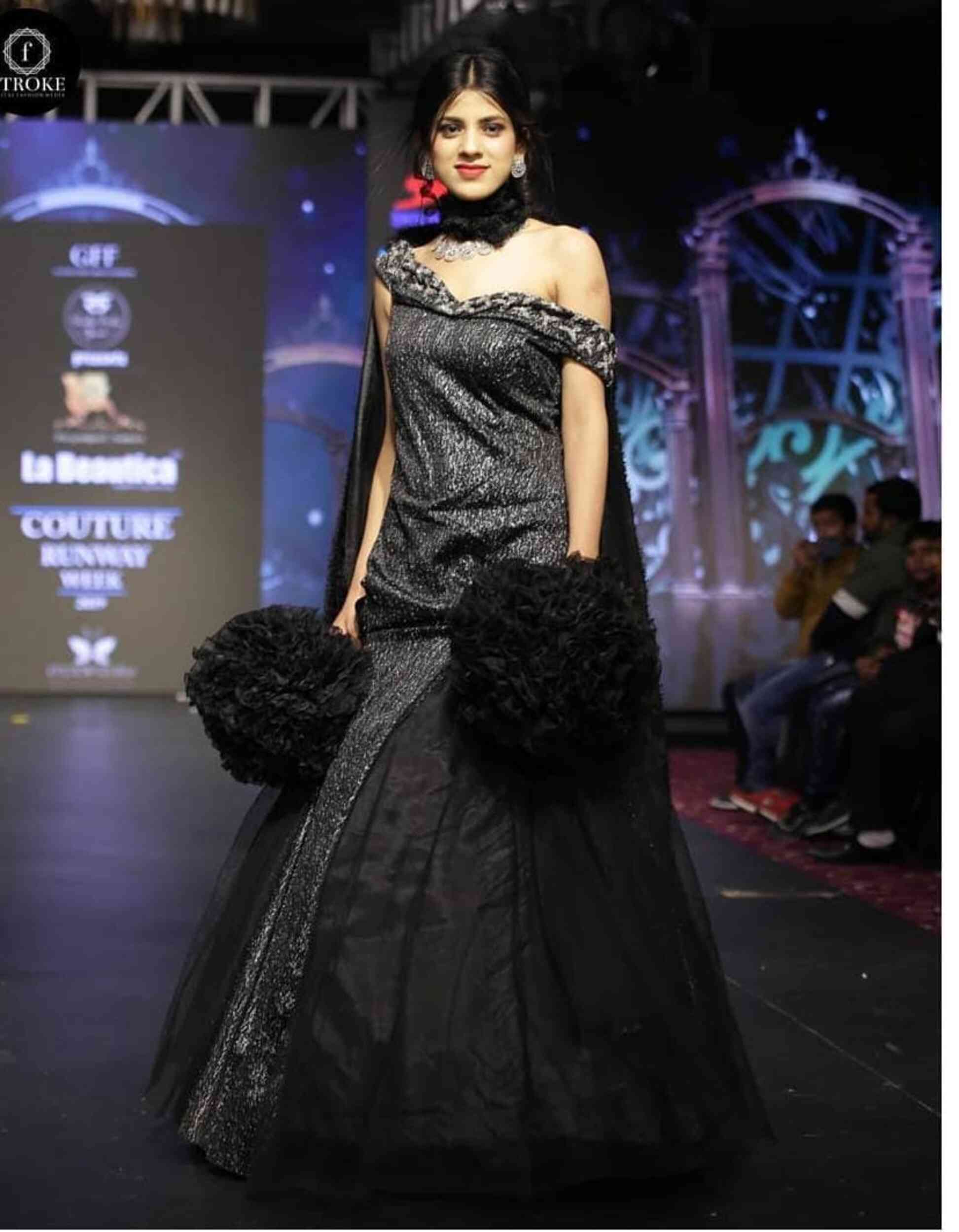 Black & Silver Off-Shoulder Couture Gown with Dramatic Floral Accents