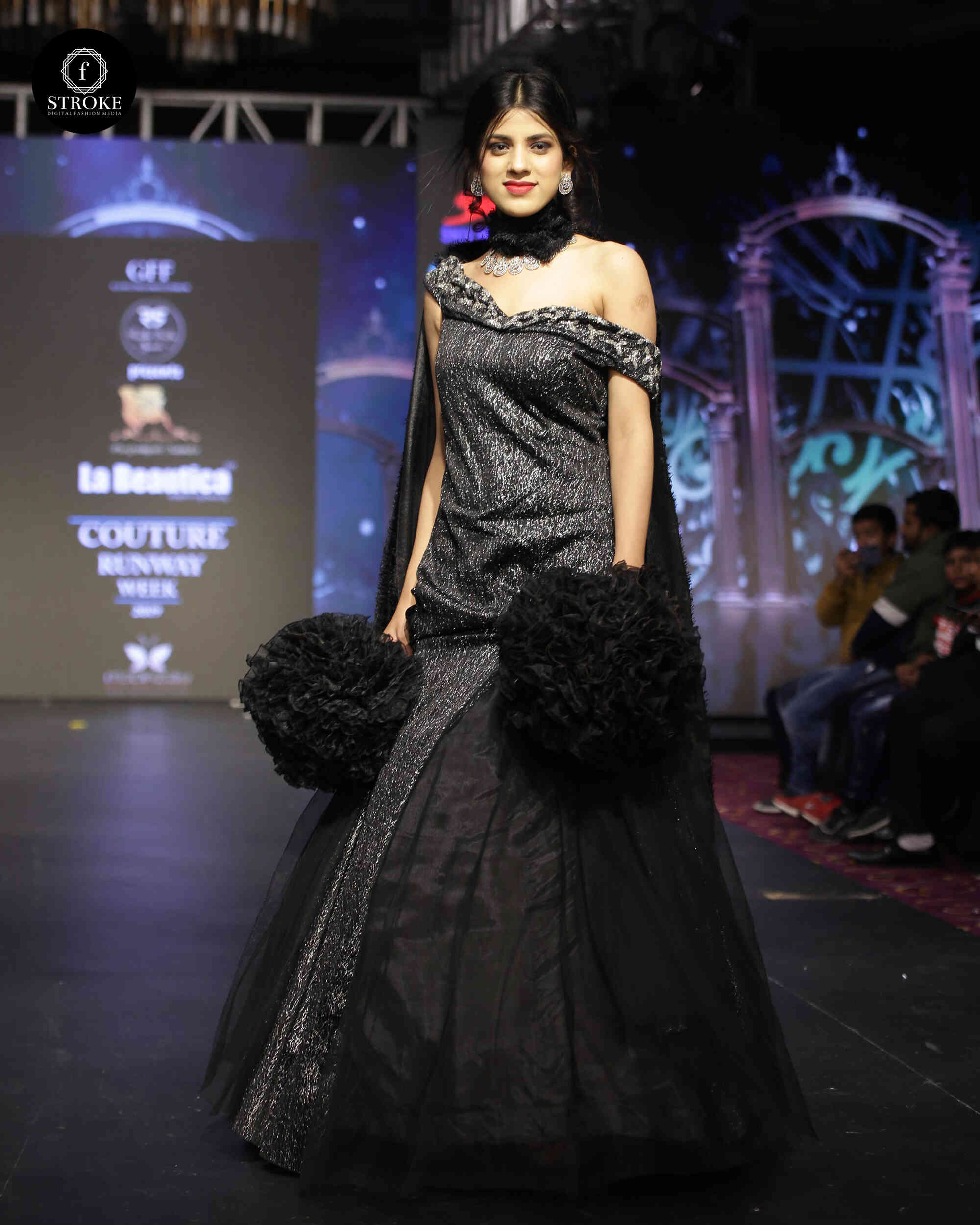 Black & Silver Off-Shoulder Couture Gown with Dramatic Floral Accents