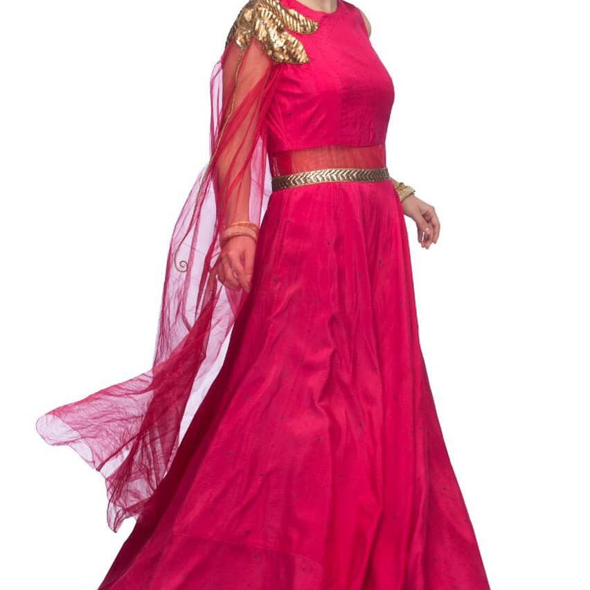 Designer Pink One-Shoulder Indo-Western Gown with Golden Embellishment
