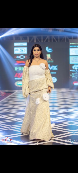 Designer Off-Shoulder Ivory Gown with Dramatic Sleeves & Floral Appliqu�
