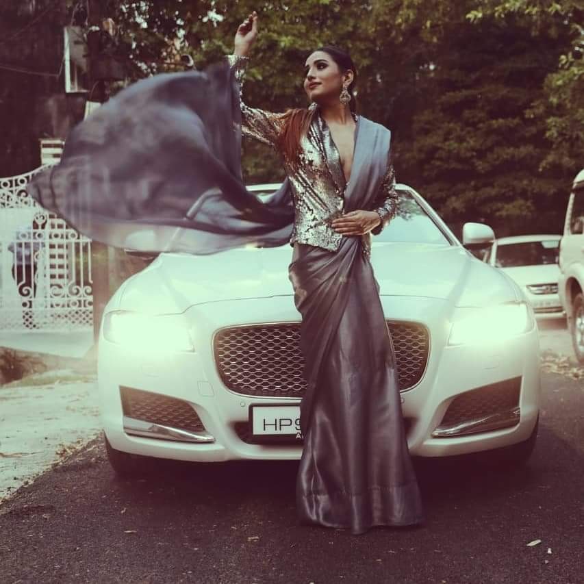 Metallic Steel Grey Satin Saree with Sequined Blouse