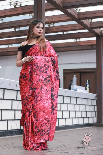 Elegant Red & Black Floral Satin Saree with Velvet Blouse
