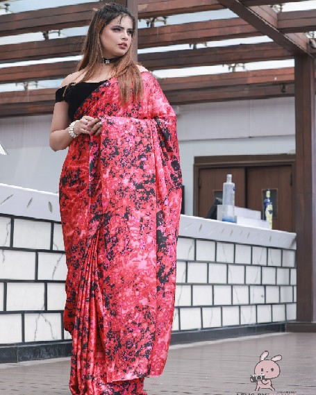 Elegant Red & Black Floral Satin Saree with Velvet Blouse