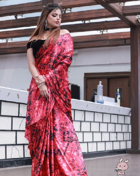 Elegant Red & Black Floral Satin Saree with Velvet Blouse