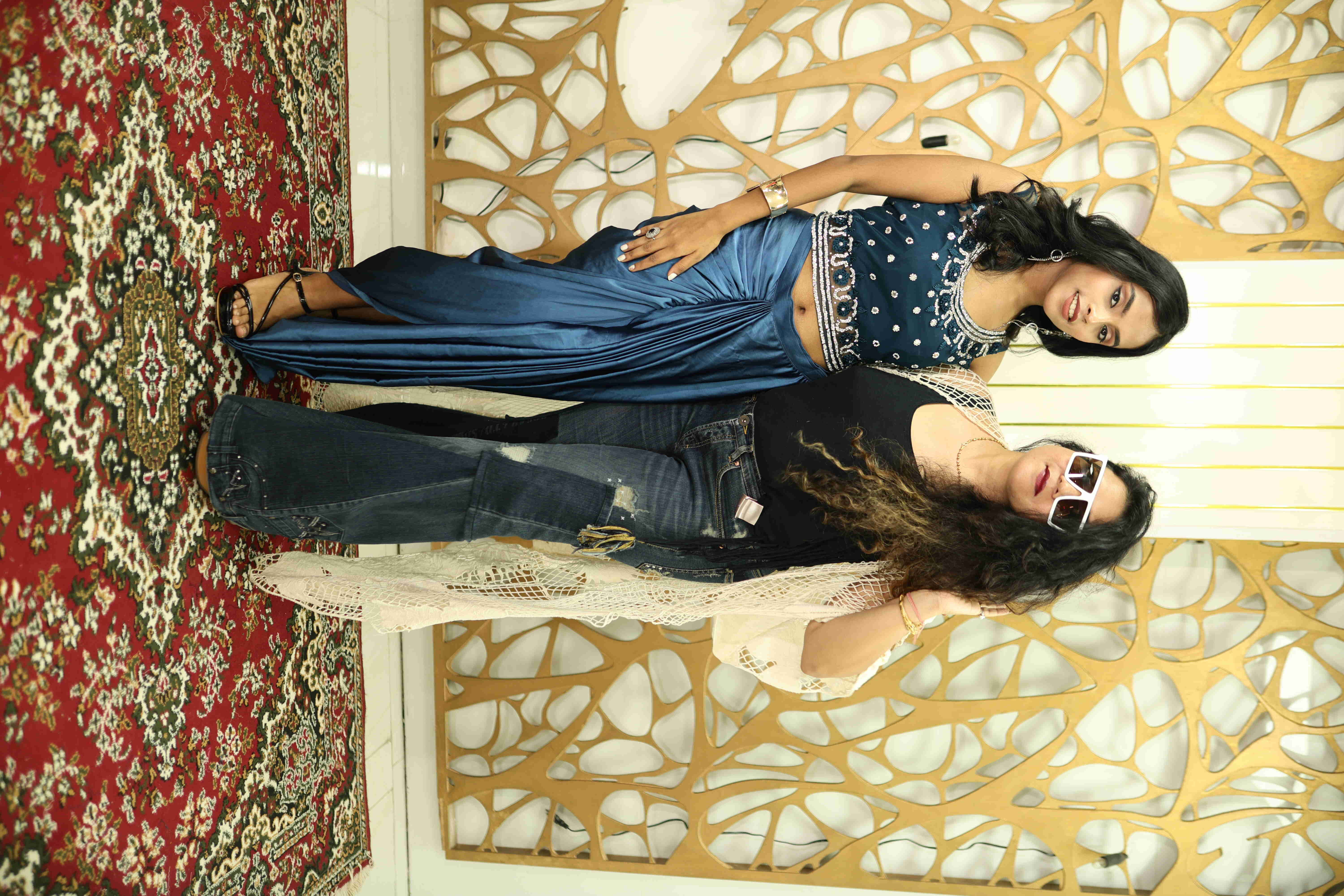 Navy Blue Embellished Blouse with Pleated Saree-Style Lehenga