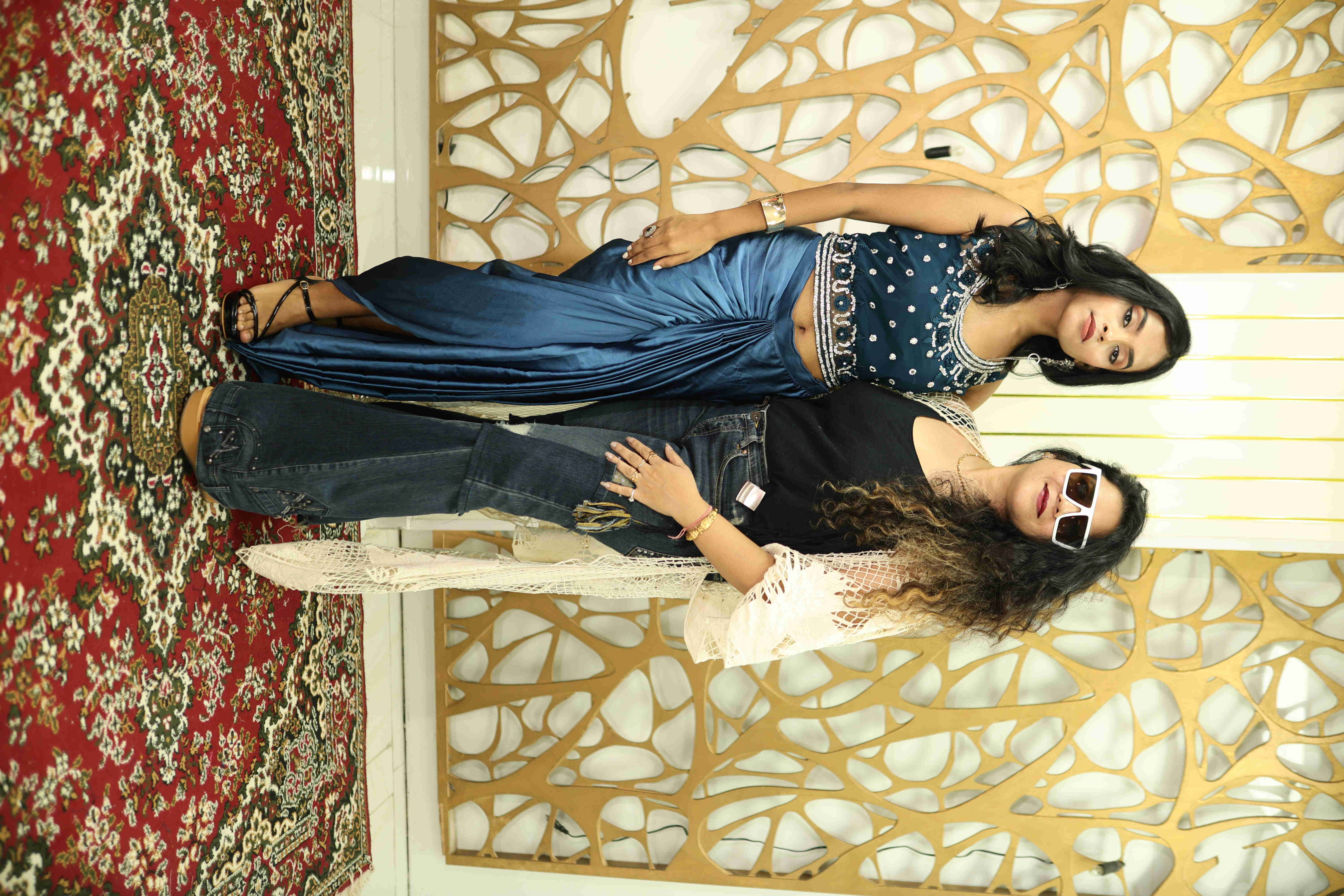 Navy Blue Embellished Blouse with Pleated Saree-Style Lehenga